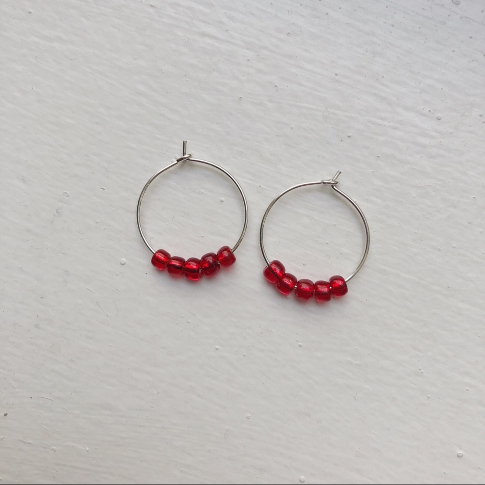 Red Beaded Silver Hoop Earrings Handmade 20mm